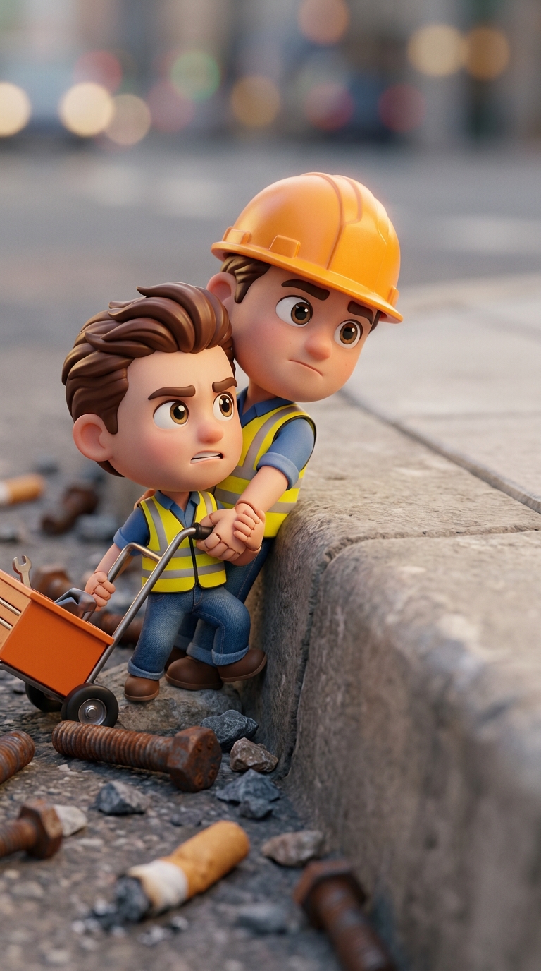 Miniature construction worker helped by a giant hand