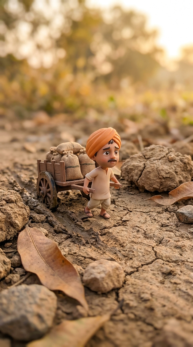 Tiny farmer interacting with an oversized object
